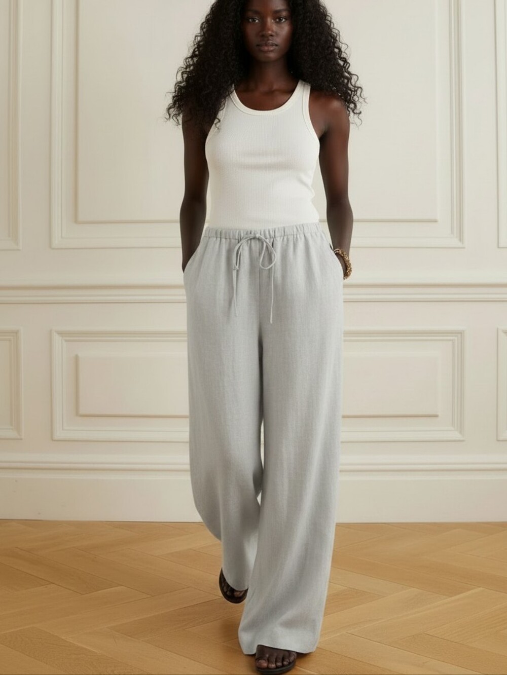 Joslin Linen Wide Leg Pants Grey Women Size Large Baggy Relaxed High Waisted